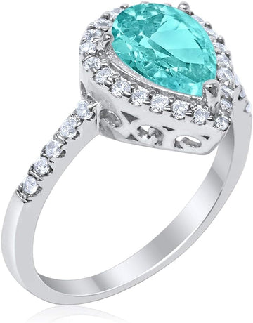 Halo Teardrop Filigree Ring Simulated Paraiba Tourmaline CZ 925 Sterling Silver